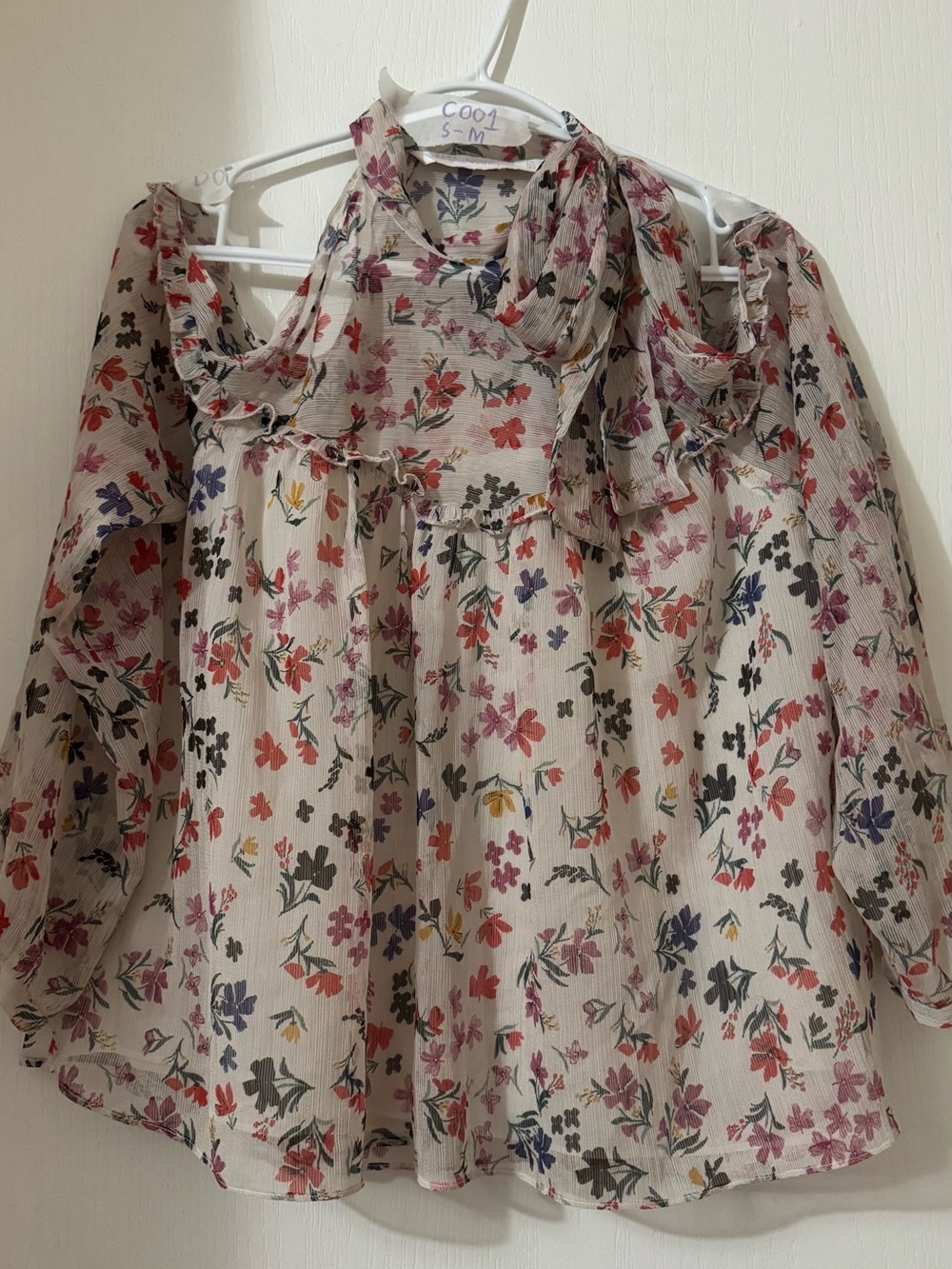 Zara Cream Floral Ruffle Blouse with Pink & Blue Accents